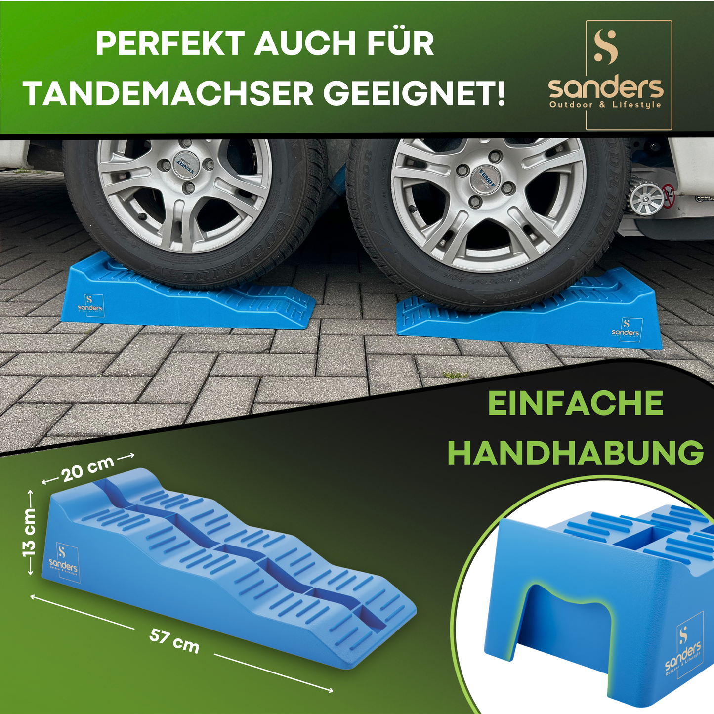 Sanders Auffahrkeile für Wohnmobil - ideales [2er Set] Robuste Stufenkeile für maximalen Halt - Auffahrkeile für Wohnwagen Wohnmobil & Anhänger - Keile - inkl. Tasche & Wasserwaage