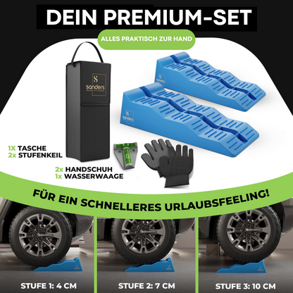 Sanders Auffahrkeile für Wohnmobil - ideales [2er Set] Robuste Stufenkeile für maximalen Halt - Auffahrkeile für Wohnwagen Wohnmobil & Anhänger - Keile - inkl. Tasche & Wasserwaage