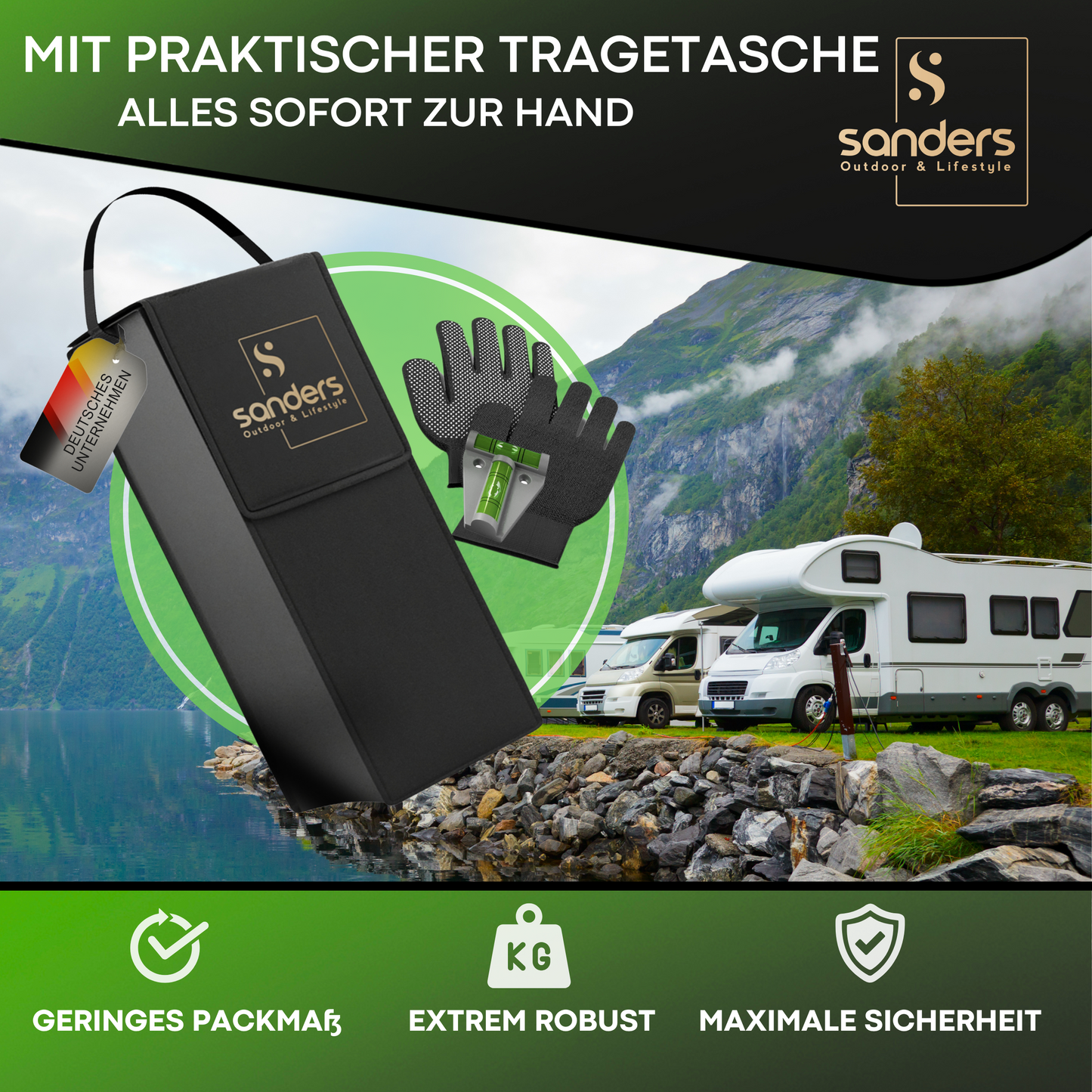 Sanders Auffahrkeile für Wohnmobil - ideales [2er Set] Robuste Stufenkeile für maximalen Halt - Auffahrkeile für Wohnwagen Wohnmobil & Anhänger - Keile - inkl. Tasche & Wasserwaage
