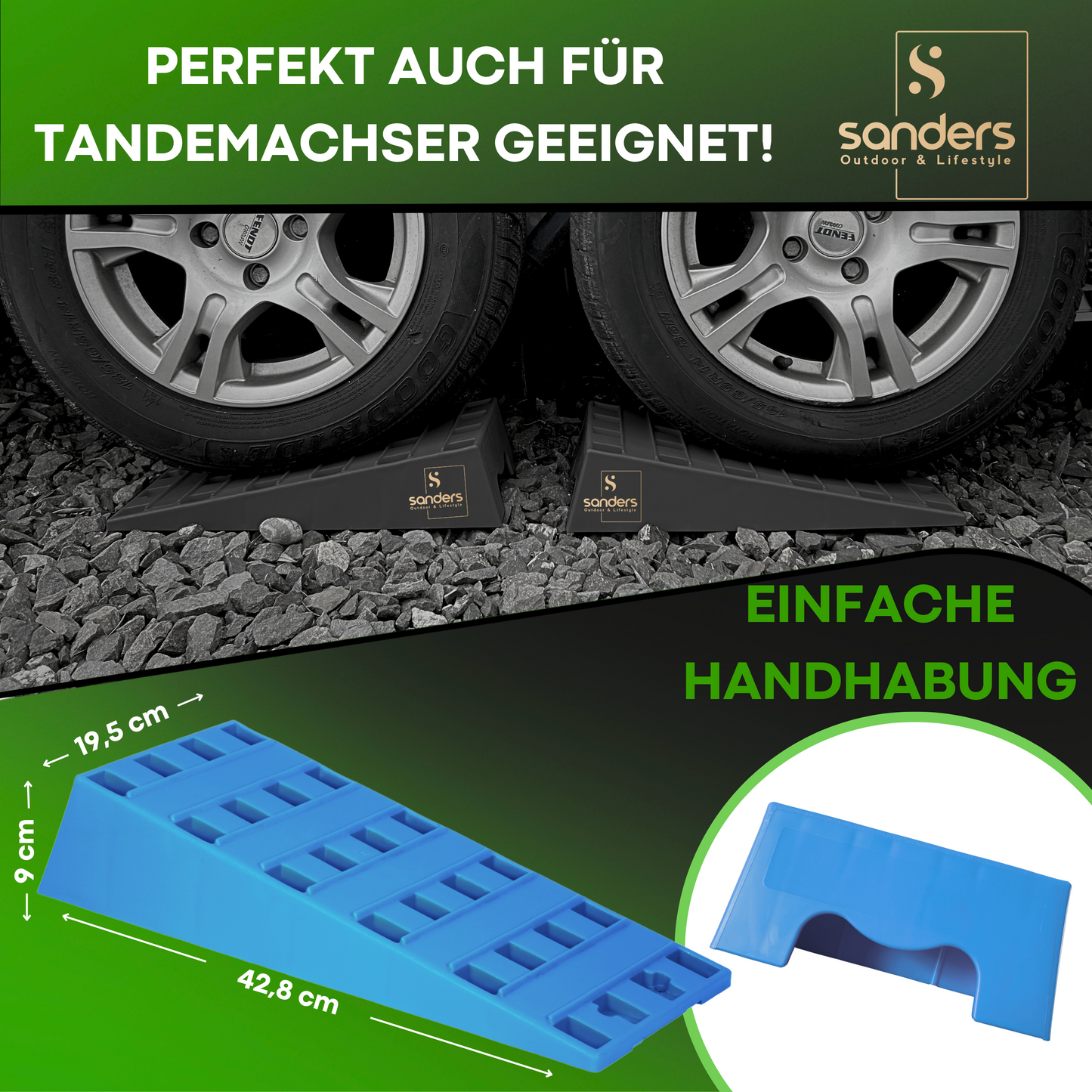 SANDERS Auffahrkeile - [2er Set] robuste Auffahrkeile für Wohnmobil, Wohnwagen | Sicheres & Stufenfreies Nivellieren [<7,5t] Unterlegkeile