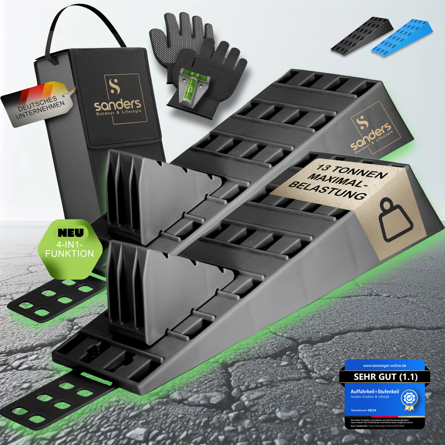 SANDERS Auffahrkeile - [2er Set] robuste Auffahrkeile für Wohnmobil, Wohnwagen | Sicheres & Stufenfreies Nivellieren [<7,5t] Unterlegkeile