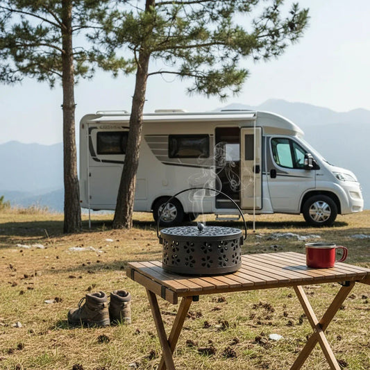 Inselcamper Insektenschutz Outdoor – Räucherspiralenhalter Metall mit Griff & Deckel – schwarz, Blütendesign – für Garten & Camping