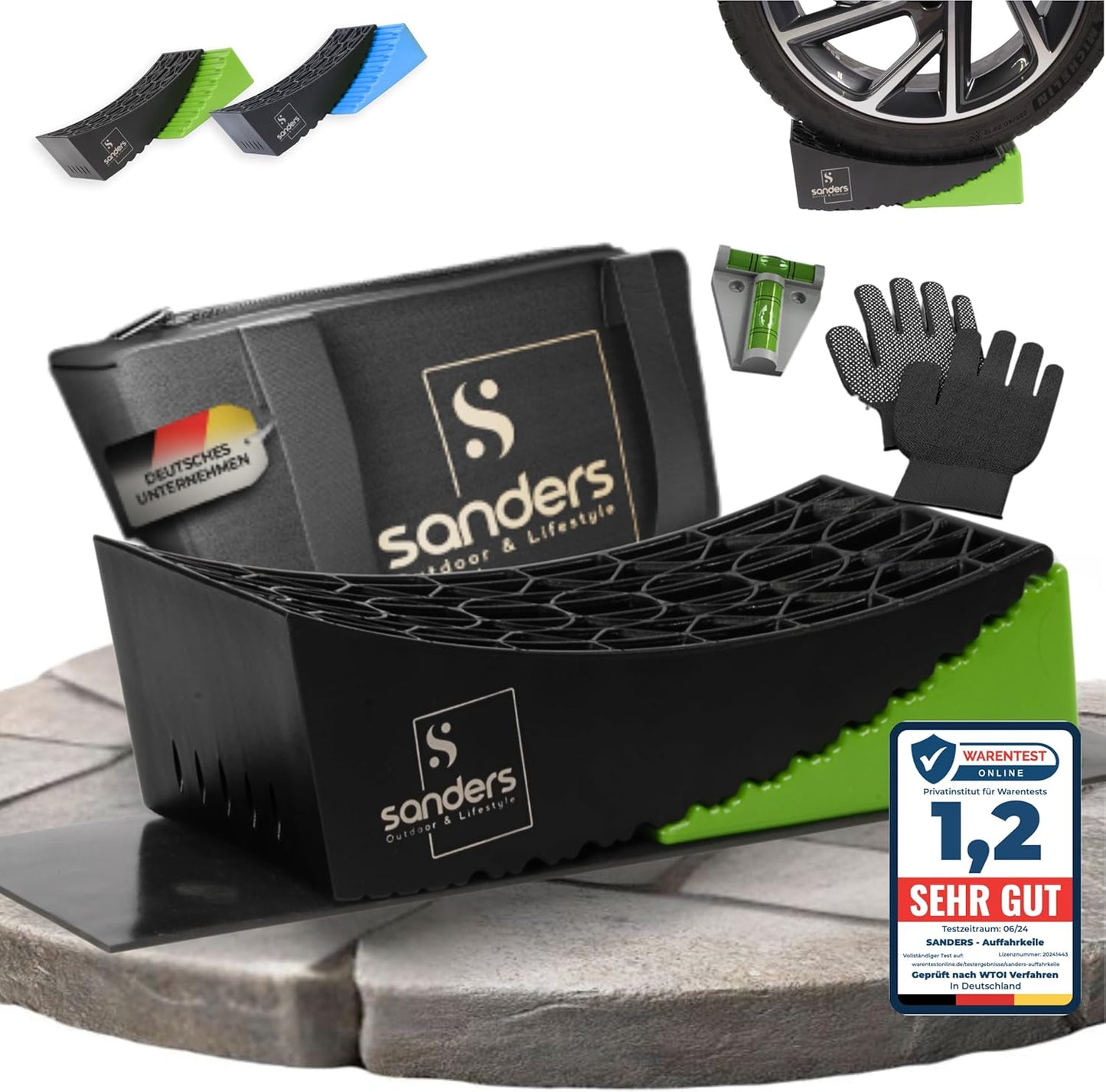 SANDERS Auffahrkeile - B-Ware - [2er Set] robuste Auffahrkeile für Wohnmobil, Wohnwagen | sicheres & stufenfreies Nivellieren [<13,5t] Unterlegkeile [individuell kürzbar] - stufenlos | inkl. Antirutschmatten