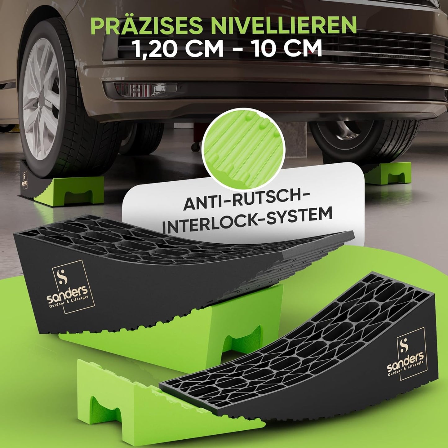 SANDERS Auffahrkeile - B-Ware - [2er Set] robuste Auffahrkeile für Wohnmobil, Wohnwagen | sicheres & stufenfreies Nivellieren [<13,5t] Unterlegkeile [individuell kürzbar] - stufenlos | inkl. Antirutschmatten