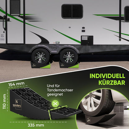 SANDERS Auffahrkeile - B-Ware - [2er Set] robuste Auffahrkeile für Wohnmobil, Wohnwagen | sicheres & stufenfreies Nivellieren [<13,5t] Unterlegkeile [individuell kürzbar] - stufenlos | inkl. Antirutschmatten