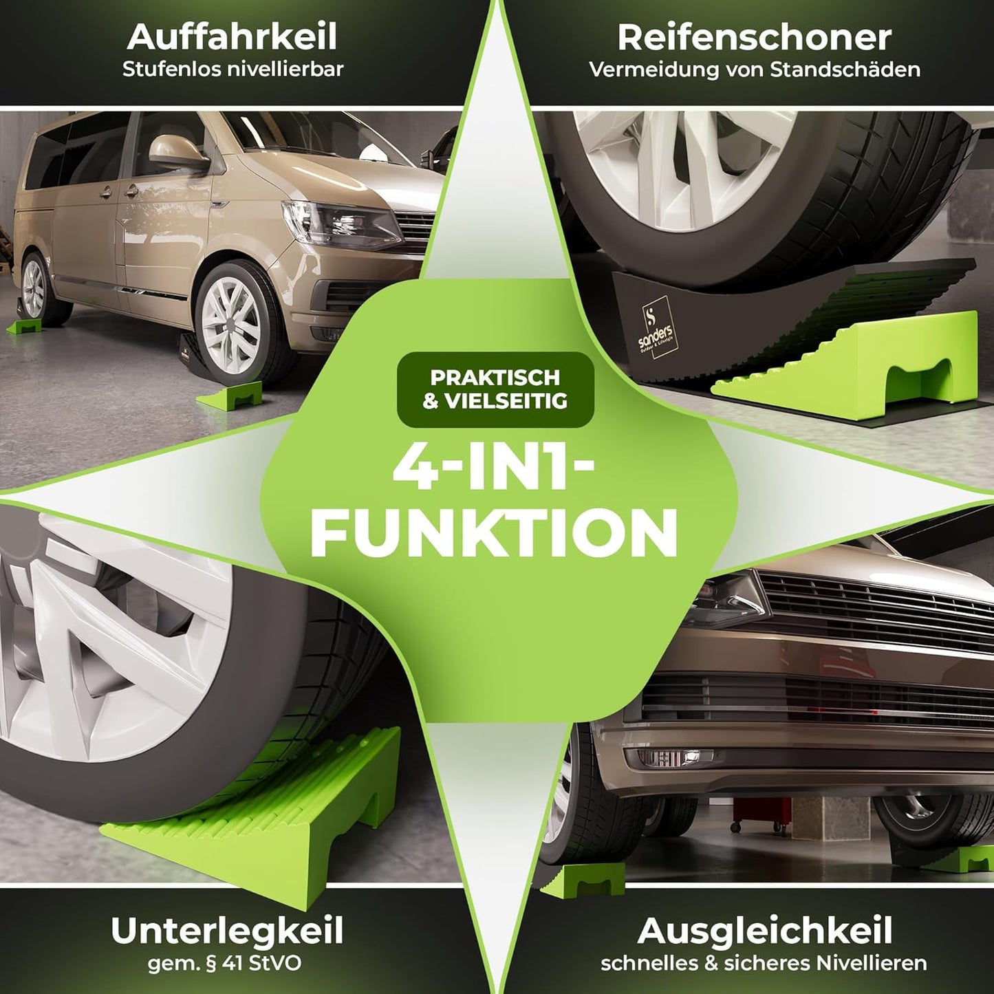 SANDERS Auffahrkeile - B-Ware - [2er Set] robuste Auffahrkeile für Wohnmobil, Wohnwagen | sicheres & stufenfreies Nivellieren [<13,5t] Unterlegkeile [individuell kürzbar] - stufenlos | inkl. Antirutschmatten