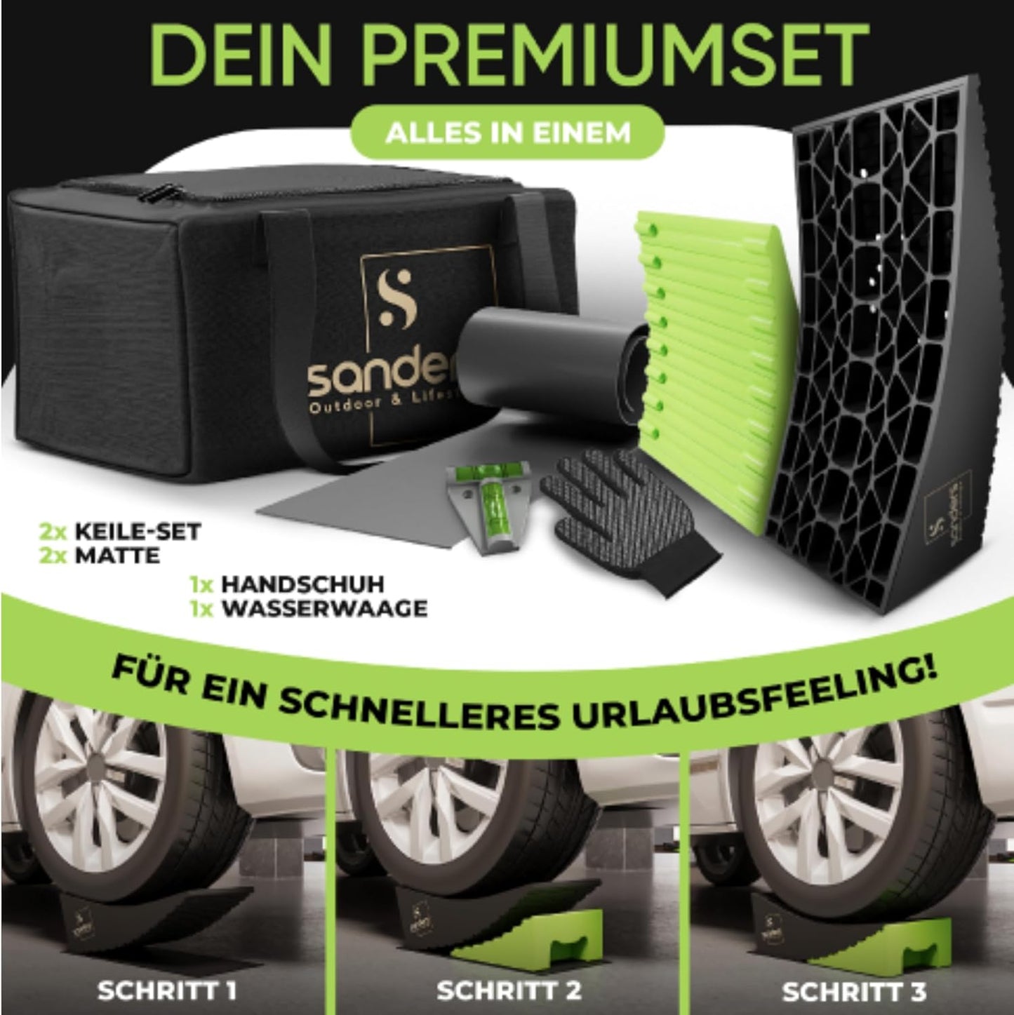 SANDERS Auffahrkeile - B-Ware - [2er Set] robuste Auffahrkeile für Wohnmobil, Wohnwagen | sicheres & stufenfreies Nivellieren [<13,5t] Unterlegkeile [individuell kürzbar] - stufenlos | inkl. Antirutschmatten